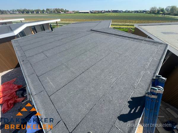Nieuw bitumen plat dak met uitzicht over landschap in Breukelen