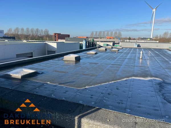 Plat dak bedrijfspand met bitumen dakbedekking en lichtkoepels in Breukelen